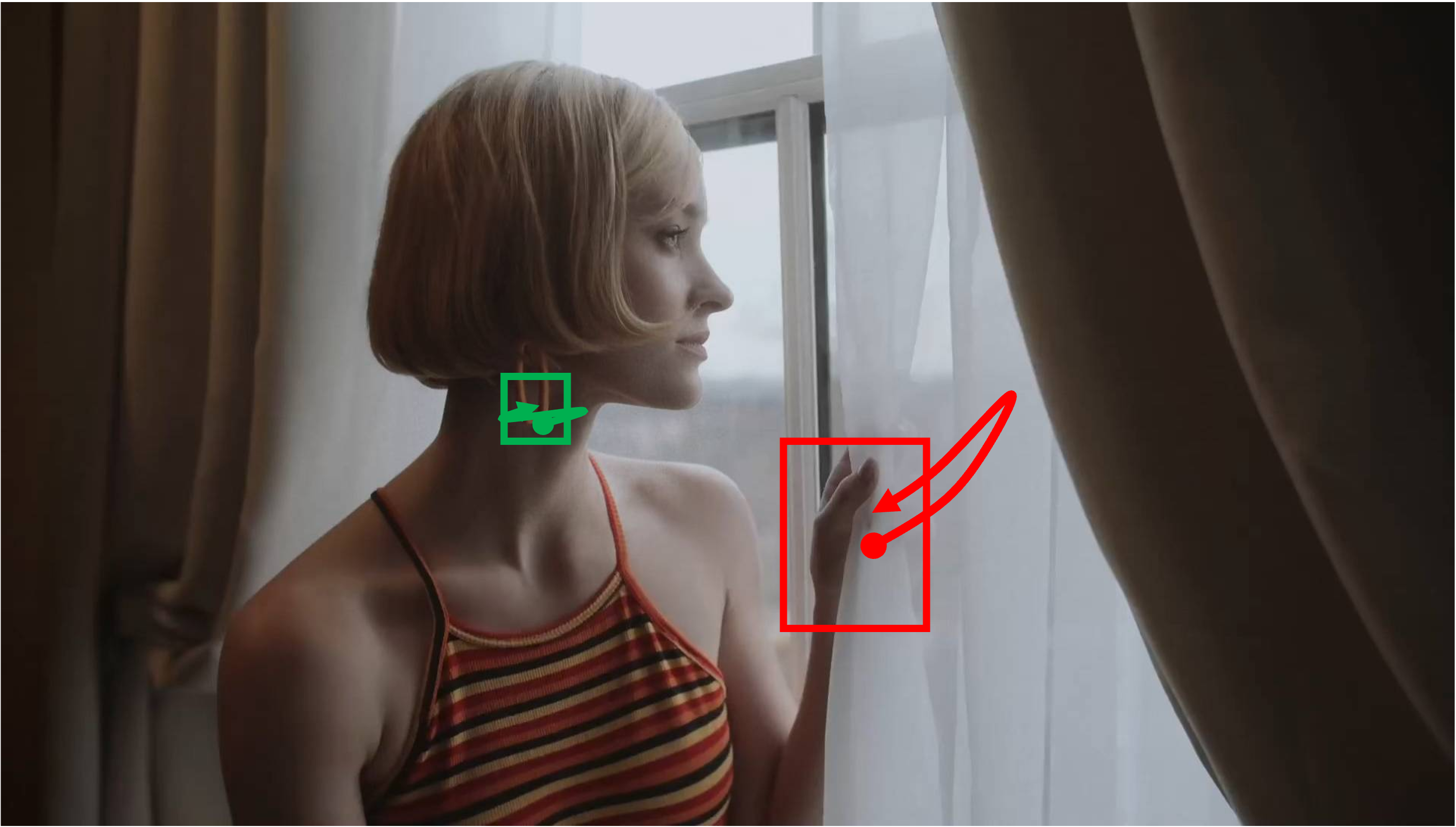 A girl is standing beside the window. She tries to move the curtain with her hand slowly, while keeping the same pose. Her earrings are oscillating very slowly. Everything else remains stationary. The shot is taken with a static camera. Camera remains stationary. Static Camera. Camera locked down at the same place. The video loops back to the beginning of the video after it reaches the end.