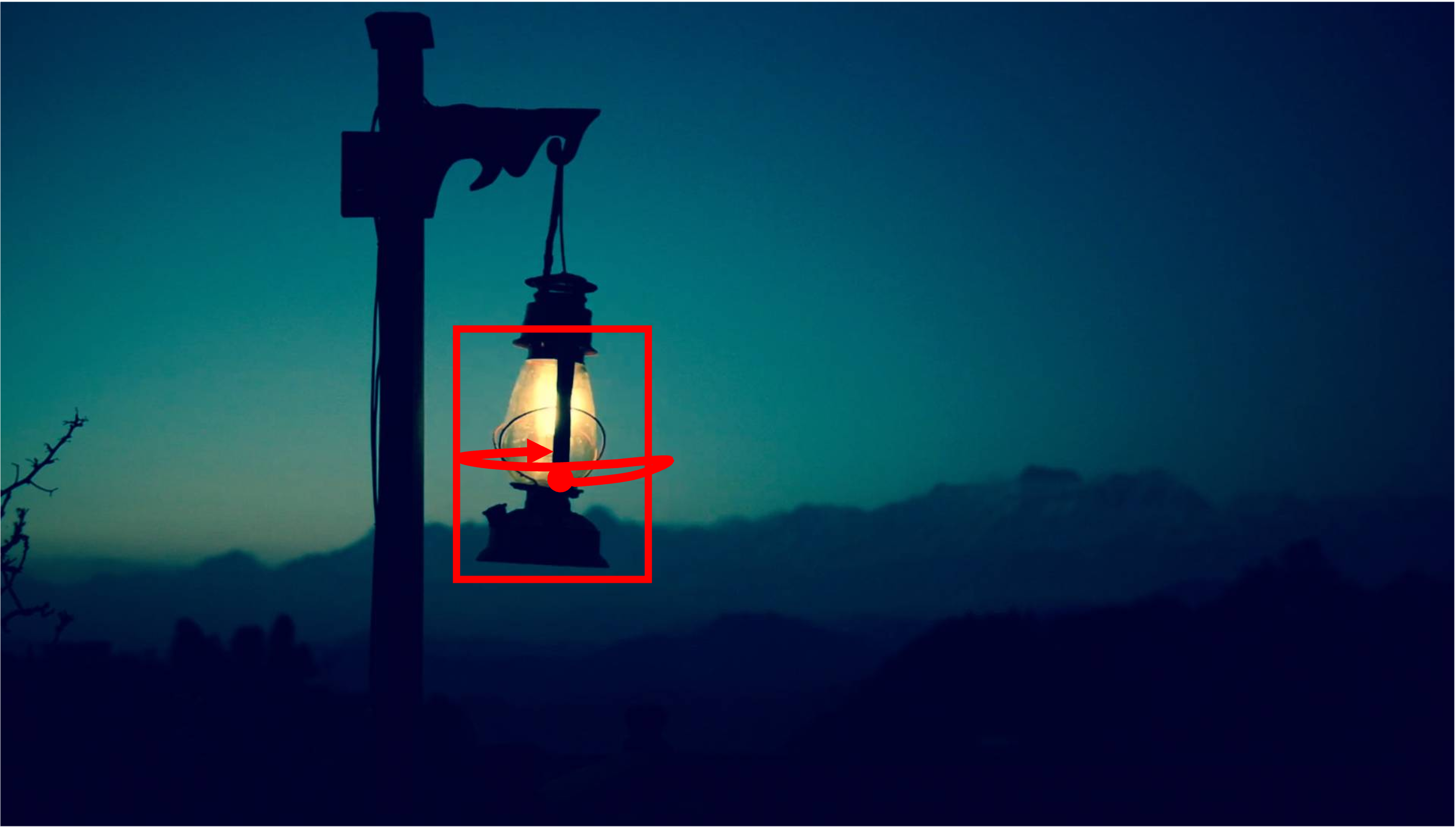 A lantern is oscillating about a pole. The lantern is hanging from the pole. It is a serene night scene with mountains in the background. Camera remains stationary. Static Camera. Camera locked down at the same place. The video loops back to the beginning of the video after it reaches the end.