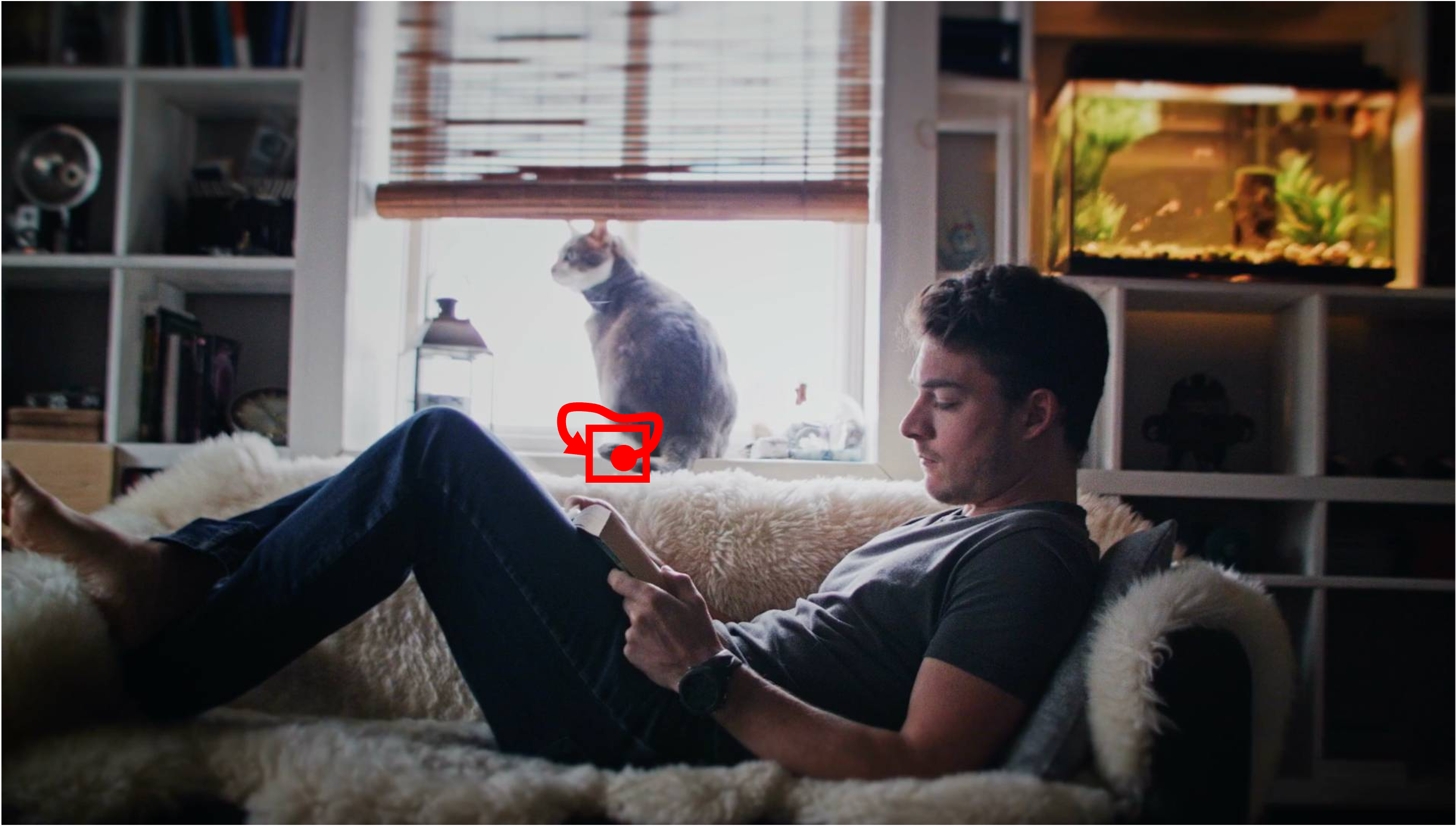 A scene of an indoor living room. The person is resting on the couch and remains still in one place, completely stationary. The cat is sitting on the window and wiggling its tail; the rest of its body remains static. The camera is static. Camera remains stationary. Static Camera. Camera locked down at the same place. The video loops back to the beginning of the video after it reaches the end.