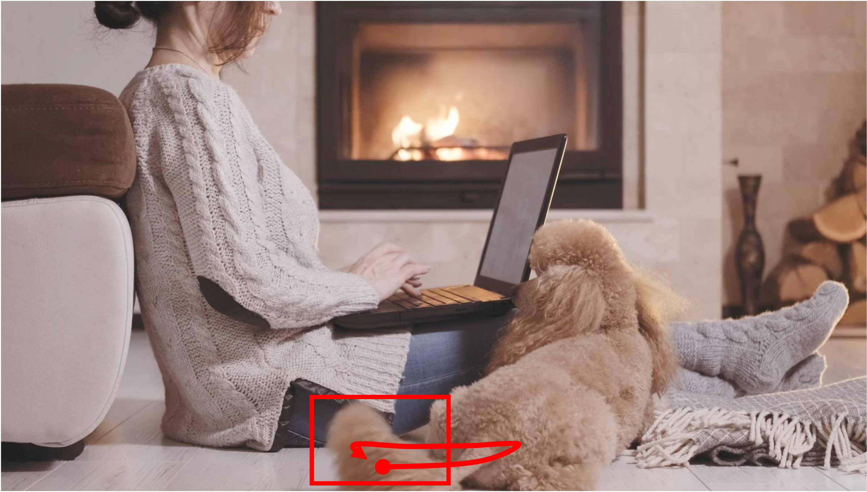 A girl and a dog are sitting in a living room. The girl is completely stationary. The dog is also sitting in one place, only wiggling its tail. Wood is burining in the firepace. Camera remains stationary. Static Camera. Camera locked down at the same place. The video loops back to the beginning of the video after it reaches the end.