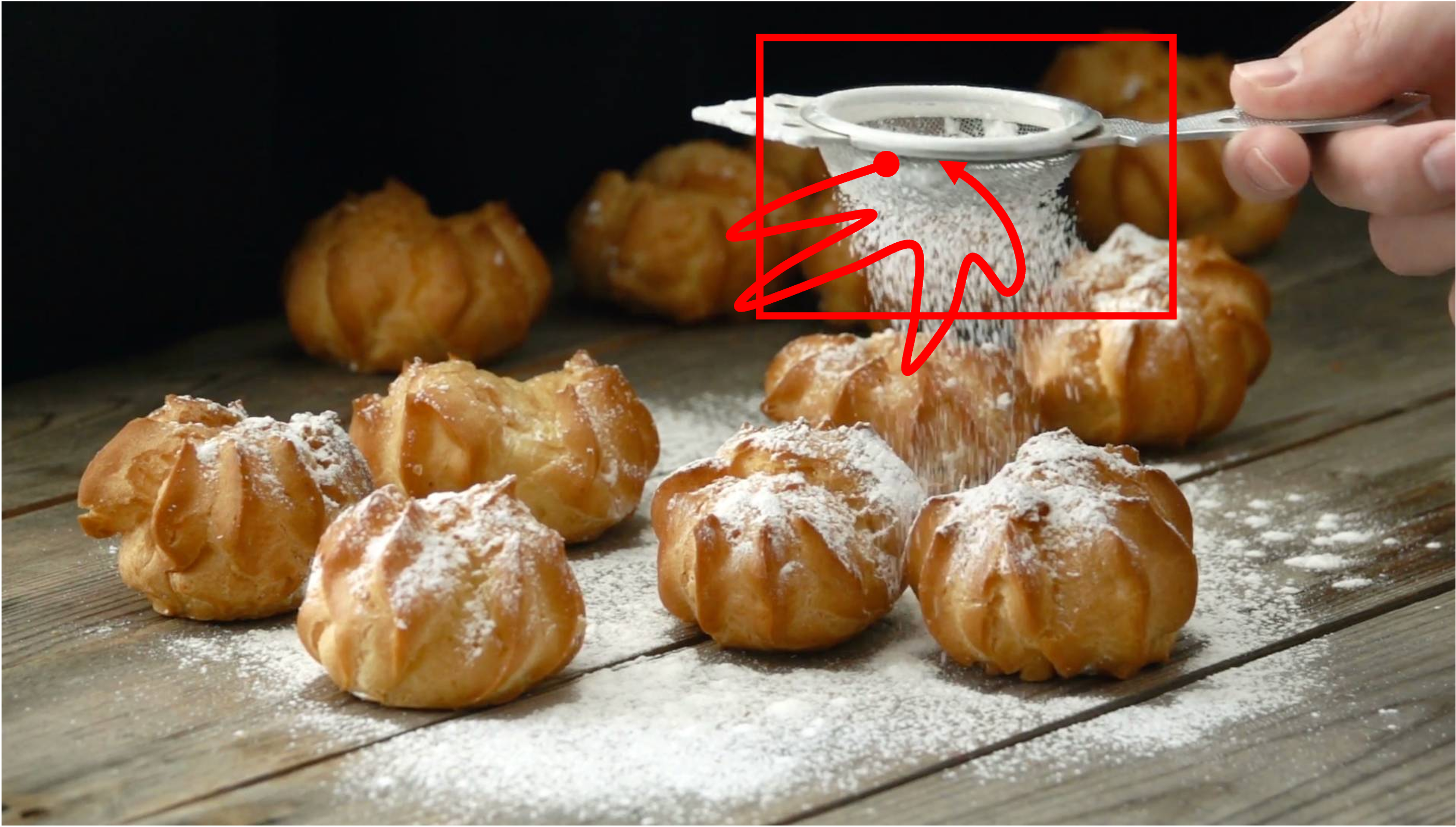 Close-up shot of a girl dusting powdered sugar very lightly over pastries through a sieve. Static camera shot. Ultra slow motion shot. The table remains completely stationary. Camera remains stationary. Static Camera. Camera locked down at the same place. The video loops back to the beginning of the video after it reaches the end.