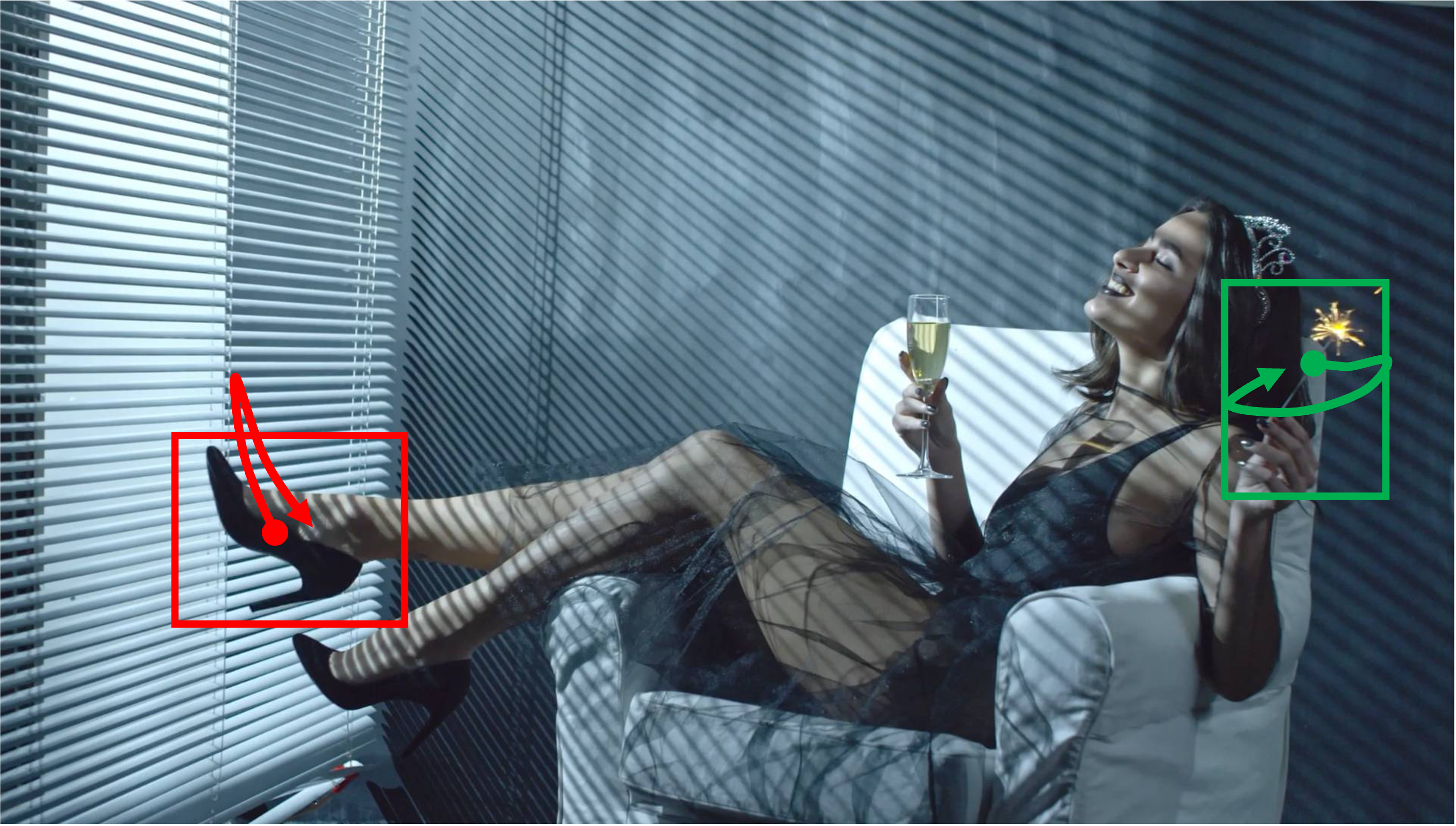 A girl is casually sitting on the couch in a still posture. She is slowly lifting one of her feet up and down and also rotating her hand, which has a firecracker. Camera remains stationary. Static Camera. Camera locked down at the same place. The video loops back to the beginning of the video after it reaches the end.